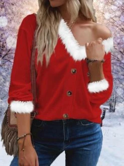 Women's Blouse Christmas Shirt Red Plain Button Long Sleeve Party Christmas Casual Festival / Holiday Fur Collar V Neck Regular Fit Fall & Winter