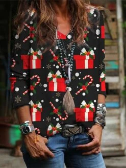 Women's T Shirt Tee Christmas Shirt Black White Yellow Santa Claus Reindeer Print Long Sleeve Christmas Weekend Festival / Holiday Funny Christmas V Neck Regular Fit Painting Spring &Fall -Cheap Women Clothing Store hrbsmh1695292316106