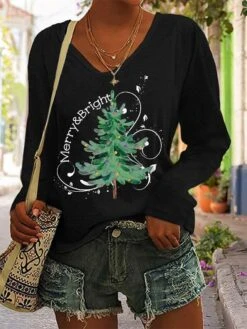 Women's T Shirt Tee Christmas Shirt Black White Blue Christmas Tree Print Long Sleeve Christmas Weekend Basic Christmas V Neck Regular Fit Painting Spring &Fall -Cheap Women Clothing Store hrjbyx1693480492605