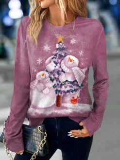 Women's T Shirt Tee Christmas Shirt Pink Blue Purple Snowman Christmas Tree Print Long Sleeve Christmas Weekend Festival / Holiday Christmas Round Neck Regular Fit Painting Spring &Fall -Cheap Women Clothing Store hskoec1695636603131