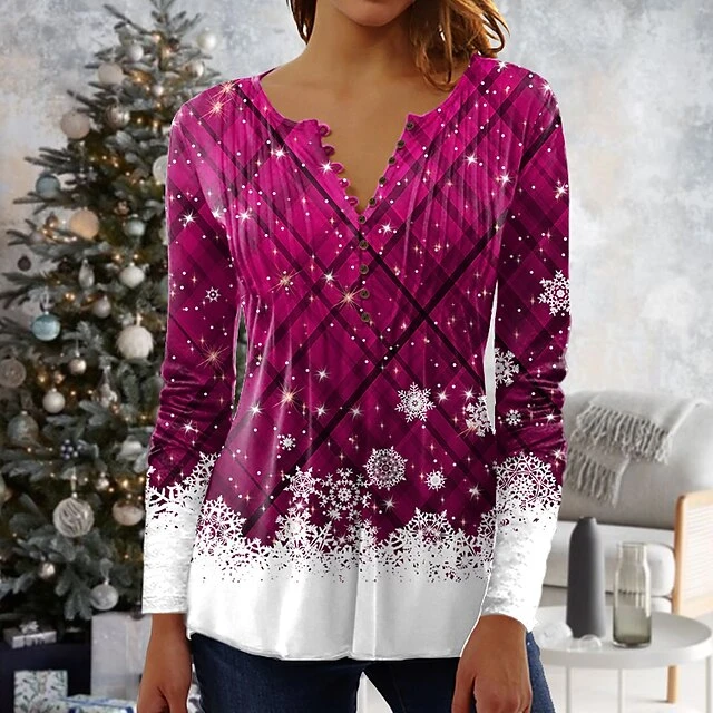 Women's Shirt Blouse Christmas Shirt Maroon Wine Red Black Plaid Snowman Deer Button Print Long Sleeve Christmas Casual Holiday Christmas Round Neck Regular Fit Spring Fall 10 Women's Shirt Blouse Christmas Shirt Maroon Wine Red Black Plaid Snowman Deer Button Print Long Sleeve Christmas Casual Holiday Christmas Round Neck Regular Fit Spring Fall - Image 8