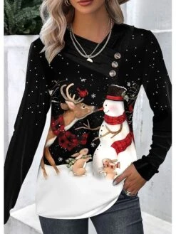 Women's T Shirt Tee Christmas Shirt Black Snowman Reindeer Button Print Long Sleeve Christmas Weekend Festival / Holiday V Neck Regular Fit Painting Spring &Fall