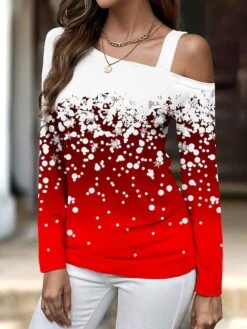 Women's T Shirt Tee Christmas Shirt Red Snowflake Print Long Sleeve Christmas Weekend Festival / Holiday Diagonal Neck Regular Fit Painting Spring &Fall