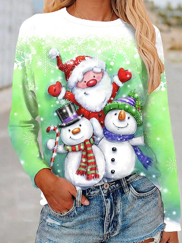 Women's T Shirt Tee Green Blue Yellow Graphic Santa Claus Print Long Sleeve Christmas Weekend Basic Round Neck Regular Floral Painting S 8 Women's T Shirt Tee Green Blue Yellow Graphic Santa Claus Print Long Sleeve Christmas Weekend Basic Round Neck Regular Floral Painting S - Image 6