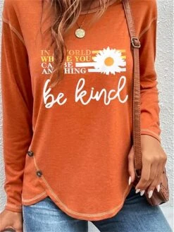 Women's T Shirt Tee Christmas Shirt Orange Floral Letter Print Long Sleeve Holiday Weekend Basic Christmas Round Neck Regular Fit Floral Painting Spring &Fall -Cheap Women Clothing Store hwoabm1693908111957