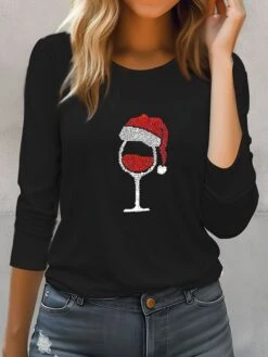 Women's T Shirt Tee Christmas Shirt Black Red Gray Wine Glass Rhinestone Print Long Sleeve Party Christmas Weekend Festival / Holiday Christmas Round Neck Regular Fit Painting Spring &Fall