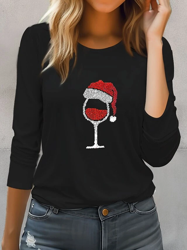 Women's T Shirt Tee Christmas Shirt Black Red Gray Wine Glass Rhinestone Print Long Sleeve Party Christmas Weekend Festival / Holiday Christmas Round Neck Regular Fit Painting Spring &Fall 3 Women's T Shirt Tee Christmas Shirt Black Red Gray Wine Glass Rhinestone Print Long Sleeve Party Christmas Weekend Festival / Holiday Christmas Round Neck Regular Fit Painting Spring &Fall