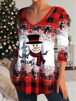 Women's T Shirt Tee Christmas Shirt Red Plaid Snowman Snowflake Print Long Sleeve Party Christmas Weekend Festival / Holiday Christmas V Neck Regular Fit Painting Spring &Fall 7 Women's T Shirt Tee Christmas Shirt Red Plaid Snowman Snowflake Print Long Sleeve Party Christmas Weekend Festival / Holiday Christmas V Neck Regular Fit Painting Spring &Fall -Cheap Women Clothing Store hzlizh1694512711839