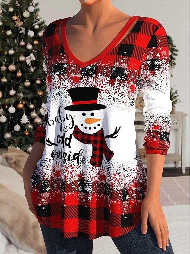 Women's T Shirt Tee Christmas Shirt Red Plaid Snowman Snowflake Print Long Sleeve Party Christmas Weekend Festival / Holiday Christmas V Neck Regular Fit Painting Spring &Fall 5 Women's T Shirt Tee Christmas Shirt Red Plaid Snowman Snowflake Print Long Sleeve Party Christmas Weekend Festival / Holiday Christmas V Neck Regular Fit Painting Spring &Fall - Image 3
