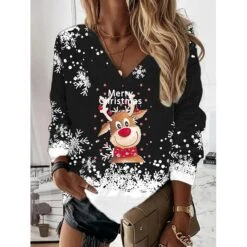 Women's Shirt Christmas Shirt Black Wine Red Snowflake Print Long Sleeve Christmas Weekend Streetwear Casual V Neck Regular Fit Spring Fall -Cheap Women Clothing Store hzpmpb1665738520469