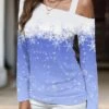 Women's T Shirt Tee Christmas Shirt Blue Snowflake Print Long Sleeve Christmas Weekend Festival / Holiday Diagonal Neck Regular Fit Painting Spring &Fall -Cheap Women Clothing Store hztagi1696668166530