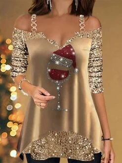 Women's Blouse Christmas Shirt Gold Graphic Sparkly Sequins Print Long Sleeve Party Christmas Casual Festival / Holiday V Neck Regular Fit Cold Shoulder Spring &Fall