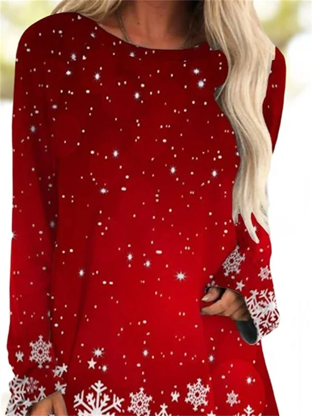 Women's T Shirt Tee Christmas Shirt Red Blue Purple Snowflake Print Long Sleeve Party Daily Weekend Daily Basic Print Round Neck Regular Fit Painting Fall & Winter 5 Women's T Shirt Tee Christmas Shirt Red Blue Purple Snowflake Print Long Sleeve Party Daily Weekend Daily Basic Print Round Neck Regular Fit Painting Fall & Winter - Image 3