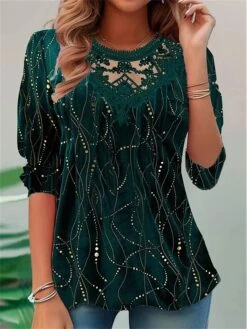 Women's Blouse Christmas Shirt Velvet Green Striped Sparkly Lace Print Long Sleeve Party Christmas Casual Festival / Holiday Round Neck Regular Fit Fall & Winter