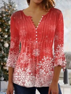Women's Shirt Christmas Shirt Red Blue Purple Snowflake Button Print 3/4 Length Sleeve Christmas Weekend Streetwear Casual Round Neck Regular Fit 8 Women's Shirt Christmas Shirt Red Blue Purple Snowflake Button Print 3/4 Length Sleeve Christmas Weekend Streetwear Casual Round Neck Regular Fit -Cheap Women Clothing Store iaqklm1664785424188