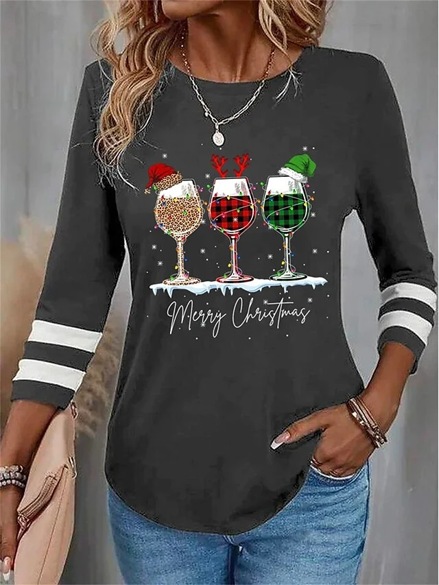 Women's T Shirt Tee Christmas Shirt Black Red Blue Leopard Plaid Wine Glass Print Long Sleeve Party Christmas Weekend Festival / Holiday Round Neck Regular Fit Painting Spring &Fall 8 Women's T Shirt Tee Christmas Shirt Black Red Blue Leopard Plaid Wine Glass Print Long Sleeve Party Christmas Weekend Festival / Holiday Round Neck Regular Fit Painting Spring &Fall - Image 6