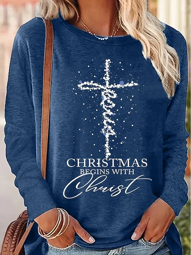 Women's T Shirt Tee Christmas Shirt Black Pink Blue Letter Print Long Sleeve Christmas Weekend Festival / Holiday Christmas Round Neck Regular Fit Painting Spring &Fall 3 Women's T Shirt Tee Christmas Shirt Black Pink Blue Letter Print Long Sleeve Christmas Weekend Festival / Holiday Christmas Round Neck Regular Fit Painting Spring &Fall