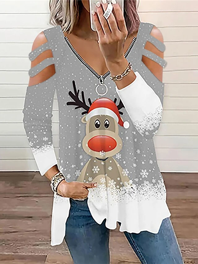 Women's Funny Tee Shirt Christmas Shirt Black Pink Red Elf Print Long Sleeve Christmas Christmas V Neck Loose Fit Chicago 6 Women's Funny Tee Shirt Christmas Shirt Black Pink Red Elf Print Long Sleeve Christmas Christmas V Neck Loose Fit Chicago - Image 4