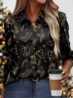 Women's Blouse Christmas Shirt Black Red Green Graphic Button Print Long Sleeve Christmas Casual Festival / Holiday Shirt Collar Regular Fit Spring &Fall