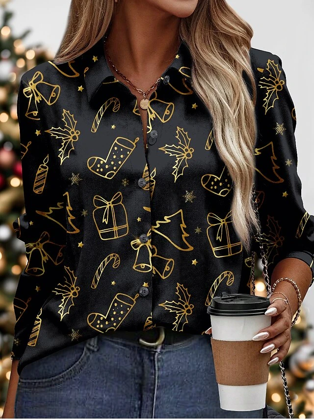 Women's Blouse Christmas Shirt Black Red Green Graphic Button Print Long Sleeve Christmas Casual Festival / Holiday Shirt Collar Regular Fit Spring &Fall 3 Women's Blouse Christmas Shirt Black Red Green Graphic Button Print Long Sleeve Christmas Casual Festival / Holiday Shirt Collar Regular Fit Spring &Fall