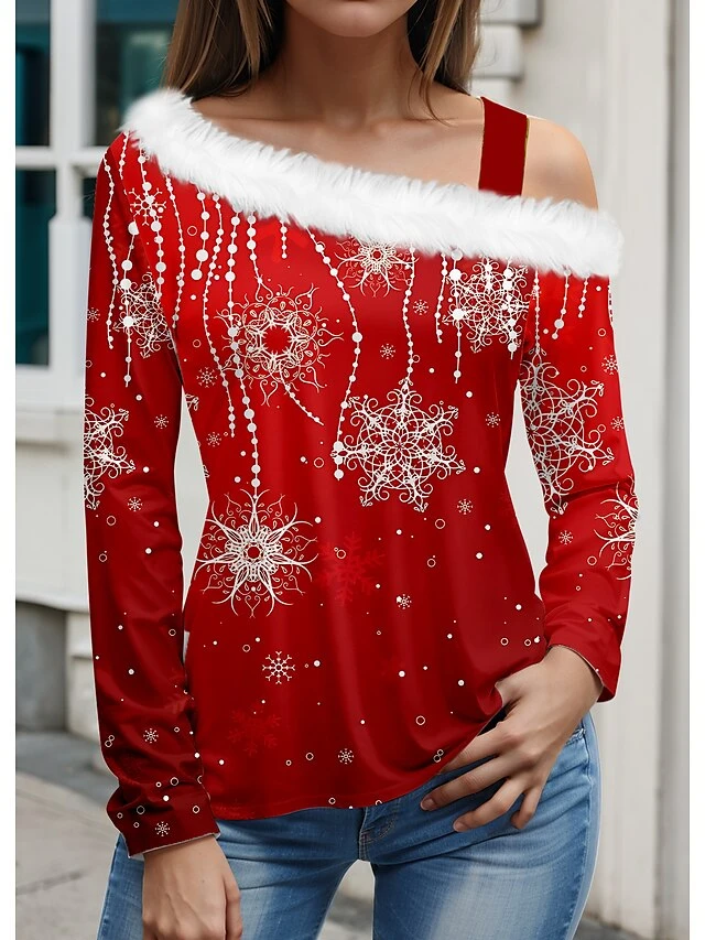 Women's Blouse Christmas Shirt White Wine Red Christmas Tree Snowflake Print Long Sleeve Christmas Casual Festival / Holiday Fur Collar Regular Fit Spring &Fall 5 Women's Blouse Christmas Shirt White Wine Red Christmas Tree Snowflake Print Long Sleeve Christmas Casual Festival / Holiday Fur Collar Regular Fit Spring &Fall - Image 3