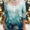 Women's T Shirt Tee Christmas Shirt Blue Purple Green Snowflake Lace Print Long Sleeve Christmas Weekend Festival / Holiday Round Neck Regular Fit Painting Spring &Fall -Cheap Women Clothing Store ifiryy1696671801760