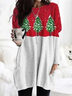 Women's T Shirt Tee Christmas Shirt Red Christmas Tree Print Long Sleeve Christmas Weekend Festival / Holiday Christmas Round Neck Regular Fit Painting Spring &Fall