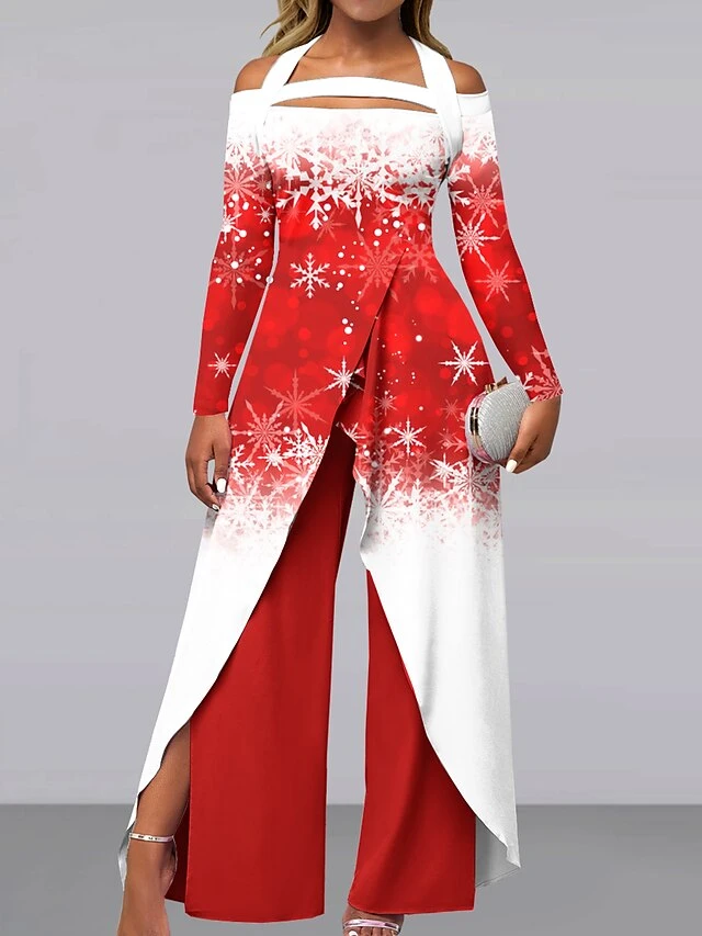 Women's Jumpsuit Print Gradient Off Shoulder Active Christmas Holiday Wide Leg Regular Fit Long Sleeve Black White Red S M L All Seasons 5 Women's Jumpsuit Print Gradient Off Shoulder Active Christmas Holiday Wide Leg Regular Fit Long Sleeve Black White Red S M L All Seasons - Image 3