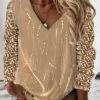 Women's Shirt Blouse Yellow Gray Graphic Sparkly Print Long Sleeve Party Christmas New Year Metallic Basic V Neck Regular Fit Spring Fall