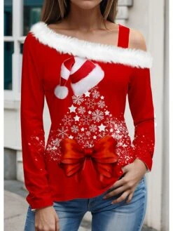 Women's Blouse Christmas Shirt Red Purple Orange Christmas Tree Print Long Sleeve Christmas Casual Festival / Holiday Fur Collar Regular Fit Spring &Fall