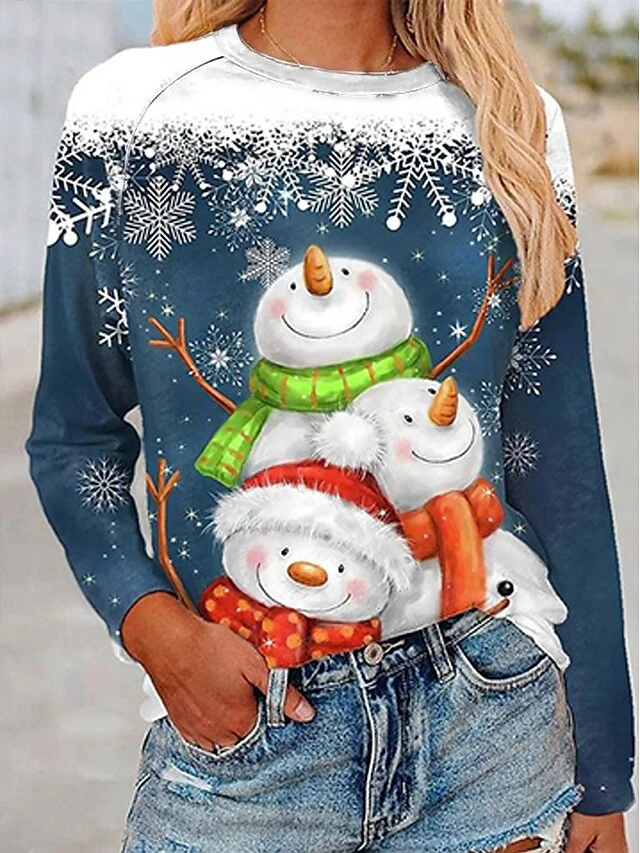 Women's T Shirt Tee Christmas Shirt Black Red Blue Reindeer Print Long Sleeve Christmas Weekend Festival / Holiday Christmas Round Neck Regular Fit Painting Spring &Fall 4 Women's T Shirt Tee Christmas Shirt Black Red Blue Reindeer Print Long Sleeve Christmas Weekend Festival / Holiday Christmas Round Neck Regular Fit Painting Spring &Fall - Image 2