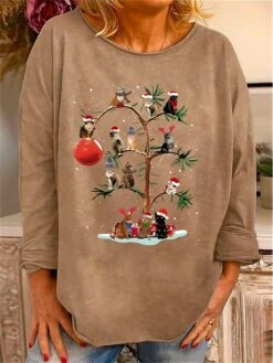 Women's T Shirt Tee Christmas Shirt Black Red Blue Cat Print Long Sleeve Christmas Weekend Festival / Holiday Round Neck Regular Fit Painting Spring &Fall