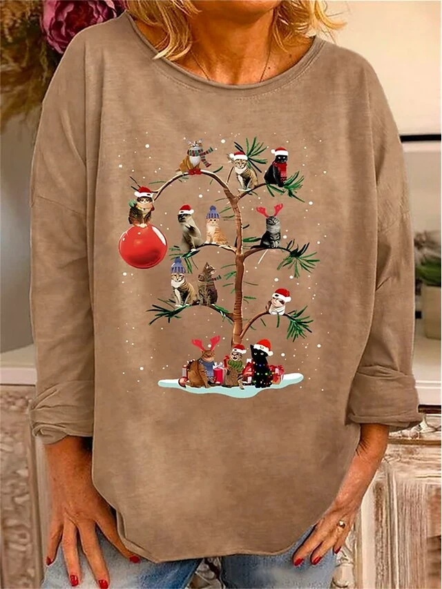 Women's T Shirt Tee Christmas Shirt Black Red Blue Cat Print Long Sleeve Christmas Weekend Festival / Holiday Round Neck Regular Fit Painting Spring &Fall 3 Women's T Shirt Tee Christmas Shirt Black Red Blue Cat Print Long Sleeve Christmas Weekend Festival / Holiday Round Neck Regular Fit Painting Spring &Fall