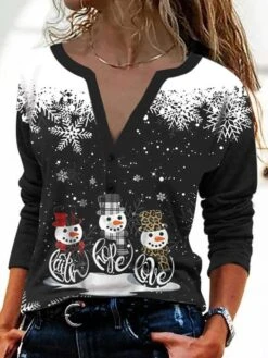 Women's T Shirt Tee Christmas Shirt Black Snowman Snowflake Button Print Long Sleeve Christmas Weekend Basic Christmas V Neck Regular Fit Painting Fall & Winter