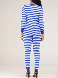 Women's Jumpsuit Button Print Striped V Neck Streetwear Christmas Street Xmas Regular Fit Long Sleeve Pink Red Blue S M L Fall -Cheap Women Clothing Store iiqilo1695792389462