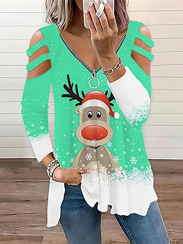 Women's Funny Tee Shirt Christmas Shirt Black Pink Red Elf Print Long Sleeve Christmas Christmas V Neck Loose Fit Chicago 9 Women's Funny Tee Shirt Christmas Shirt Black Pink Red Elf Print Long Sleeve Christmas Christmas V Neck Loose Fit Chicago - Image 7