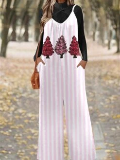 Women's Jumpsuit Pocket Print Snowflake U Neck Casual Christmas Daily Xmas Straight Regular Fit Spaghetti Strap Black White Pink S M L All Seasons -Cheap Women Clothing Store ijwznf1695281560256