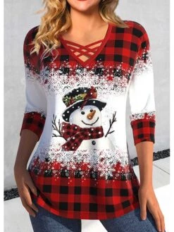 Women's T Shirt Tee Christmas Shirt Red Plaid Snowman Snowflake Print Long Sleeve Christmas Weekend Festival / Holiday V Neck Regular Fit Painting Spring &Fall