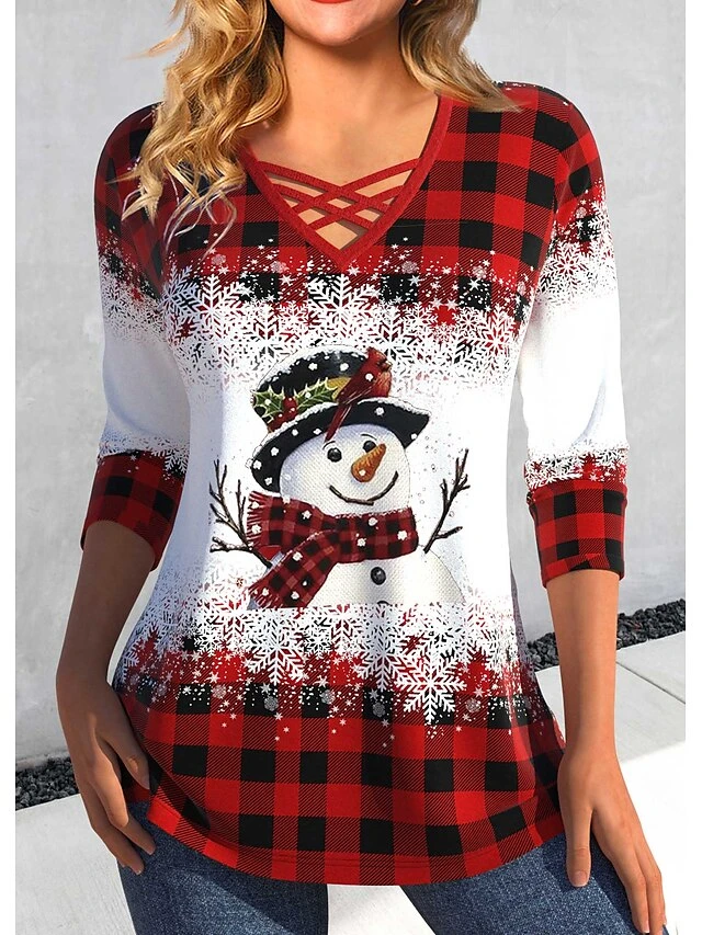 Women's T Shirt Tee Christmas Shirt Red Plaid Snowman Snowflake Print Long Sleeve Christmas Weekend Festival / Holiday V Neck Regular Fit Painting Spring &Fall 3 Women's T Shirt Tee Christmas Shirt Red Plaid Snowman Snowflake Print Long Sleeve Christmas Weekend Festival / Holiday V Neck Regular Fit Painting Spring &Fall