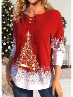 Women's T Shirt Tee Christmas Shirt Red Christmas Tree Snowflake Print Long Sleeve Party Christmas Weekend Festival / Holiday V Neck Regular Fit Painting Spring &Fall 7 Women's T Shirt Tee Christmas Shirt Red Christmas Tree Snowflake Print Long Sleeve Party Christmas Weekend Festival / Holiday V Neck Regular Fit Painting Spring &Fall -Cheap Women Clothing Store ijzltd1695893640960