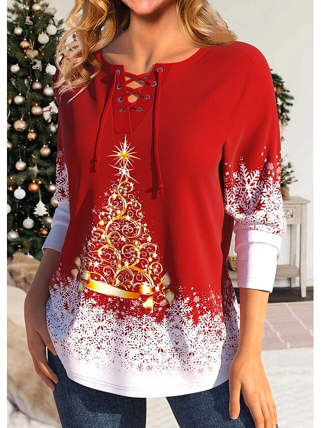 Women's T Shirt Tee Christmas Shirt Red Christmas Tree Snowflake Print Long Sleeve Party Christmas Weekend Festival / Holiday V Neck Regular Fit Painting Spring &Fall 5 Women's T Shirt Tee Christmas Shirt Red Christmas Tree Snowflake Print Long Sleeve Party Christmas Weekend Festival / Holiday V Neck Regular Fit Painting Spring &Fall - Image 3