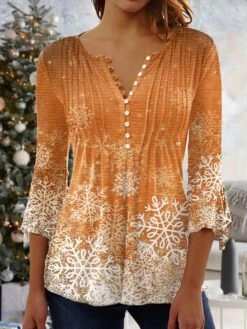 Women's Shirt Christmas Shirt Red Blue Purple Snowflake Button Print 3/4 Length Sleeve Christmas Weekend Streetwear Casual Round Neck Regular Fit 9 Women's Shirt Christmas Shirt Red Blue Purple Snowflake Button Print 3/4 Length Sleeve Christmas Weekend Streetwear Casual Round Neck Regular Fit -Cheap Women Clothing Store imhtgg1664785425330