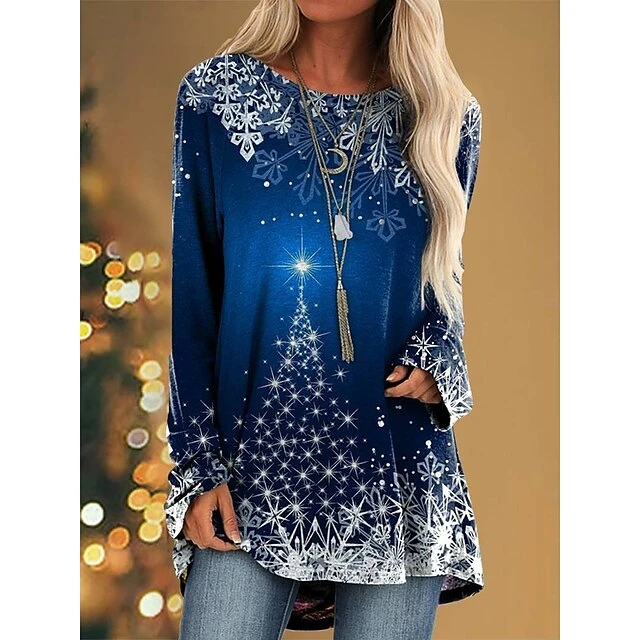 Women's T Shirt Tee Christmas Shirt Wine Red Navy Blue Christmas Tree Snowflake Reindeer Print Long Sleeve Christmas Weekend Basic Print Christmas Round Neck Regular Fit Painting 5 Women's T Shirt Tee Christmas Shirt Wine Red Navy Blue Christmas Tree Snowflake Reindeer Print Long Sleeve Christmas Weekend Basic Print Christmas Round Neck Regular Fit Painting - Image 3