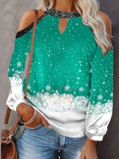 Women's Shirt Christmas Shirt Grass Green Black Pink Snowflake Cut Out Print Long Sleeve Christmas Weekend Streetwear Casual Print Round Neck Regular Fit Cold Shoulder -Cheap Women Clothing Store imrvll1667526254240
