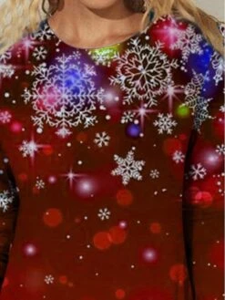 Women's T Shirt Tee Christmas Shirt Wine Red Blue Christmas Tree Snowflake Print Long Sleeve Christmas Weekend Basic Christmas Round Neck Regular Fit Painting -Cheap Women Clothing Store inkrfp1665657311215