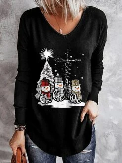 Women's T Shirt Tee Christmas Shirt Black Snowman Christmas Tree Print Long Sleeve Party Christmas Weekend Festival / Holiday Christmas V Neck Regular Fit Painting Spring &Fall
