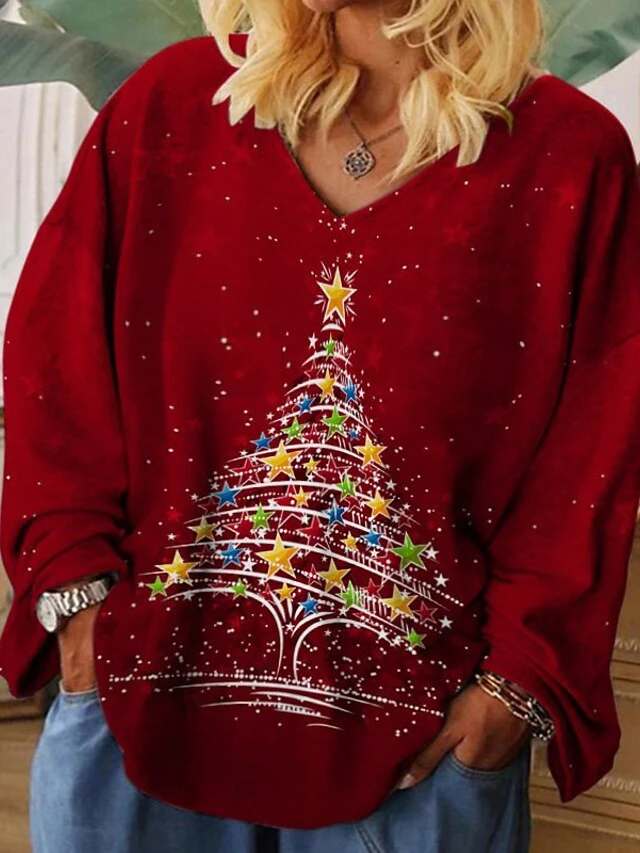 Women‘s Plus Size Christmas Tops T Shirt Tee Tree Print Long Sleeve V Neck Casual Festival Daily Polyester Winter Fall Green Blue 5 Women‘s Plus Size Christmas Tops T Shirt Tee Tree Print Long Sleeve V Neck Casual Festival Daily Polyester Winter Fall Green Blue - Image 3