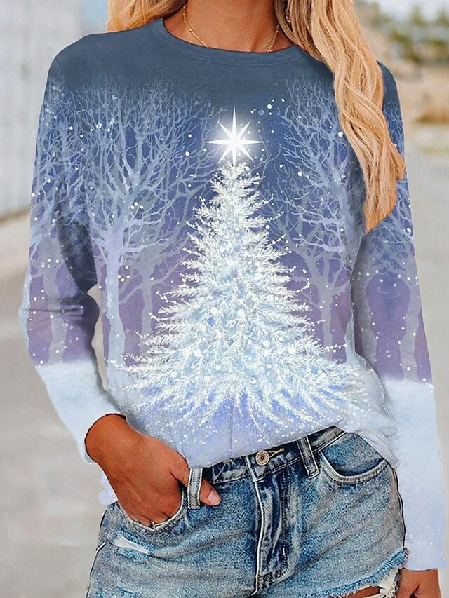 Women's T Shirt Tee Christmas Shirt Navy Blue Christmas Tree Print Long Sleeve Christmas Weekend Basic Print Christmas Round Neck Regular Fit Floral Painting Fall & Winter 3 Women's T Shirt Tee Christmas Shirt Navy Blue Christmas Tree Print Long Sleeve Christmas Weekend Basic Print Christmas Round Neck Regular Fit Floral Painting Fall & Winter