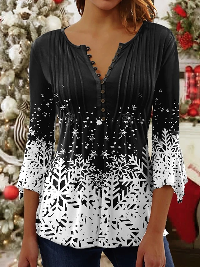 Women's Shirt Blouse Christmas Shirt Denim Blue Grass Green Black Snowflake Button Print 3/4 Length Sleeve Christmas Streetwear Casual Round Neck Regular Fit 15 Women's Shirt Blouse Christmas Shirt Denim Blue Grass Green Black Snowflake Button Print 3/4 Length Sleeve Christmas Streetwear Casual Round Neck Regular Fit - Image 13