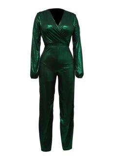 Women's Jumpsuit High Christmas Waist Solid Color V Neck Streetwear Party Xmas Street Regular Fit Long Sleeve Gold Green S M L Fall -Cheap Women Clothing Store iponsp1695281838761